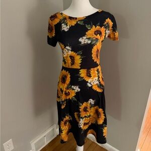 Sunflower Print Black Midi Dress